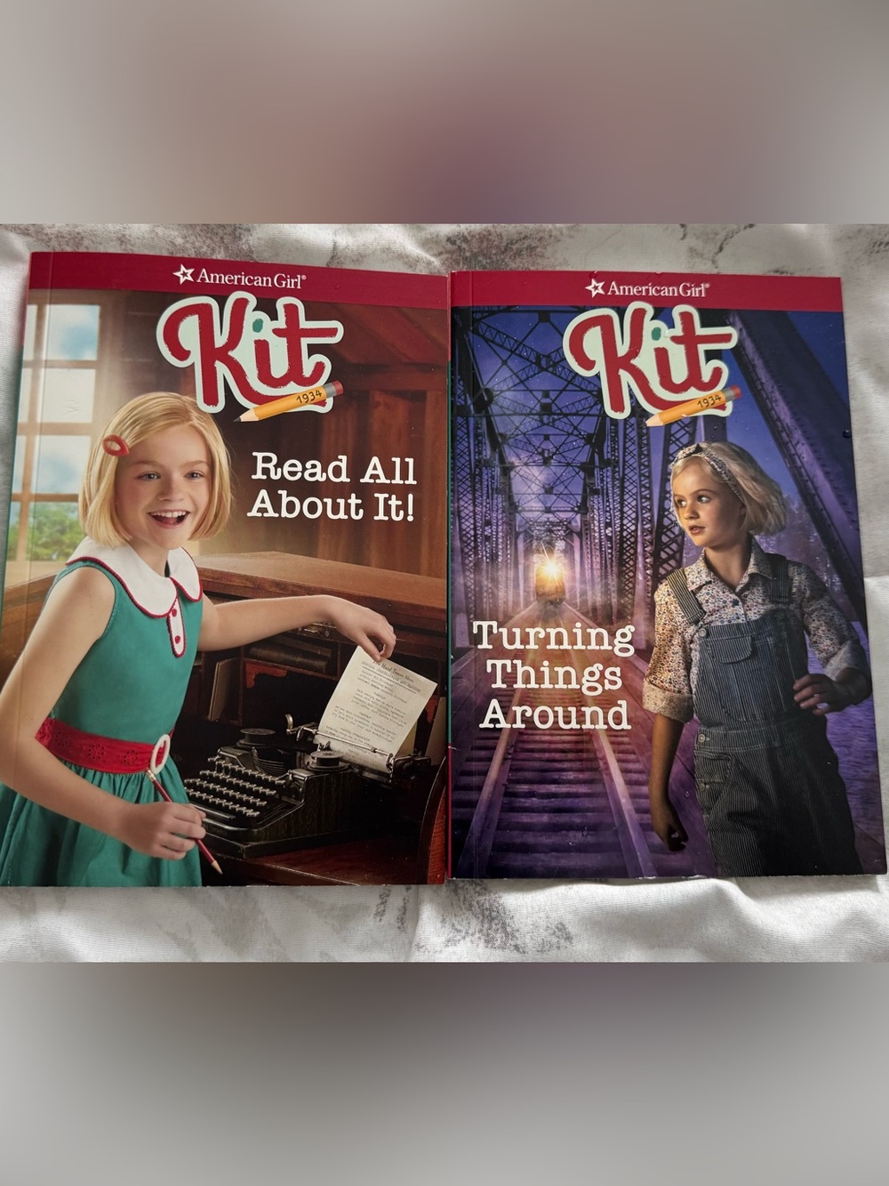 NWT set of 2  American Girl Books -Kit stories Read All About It! Turning Things